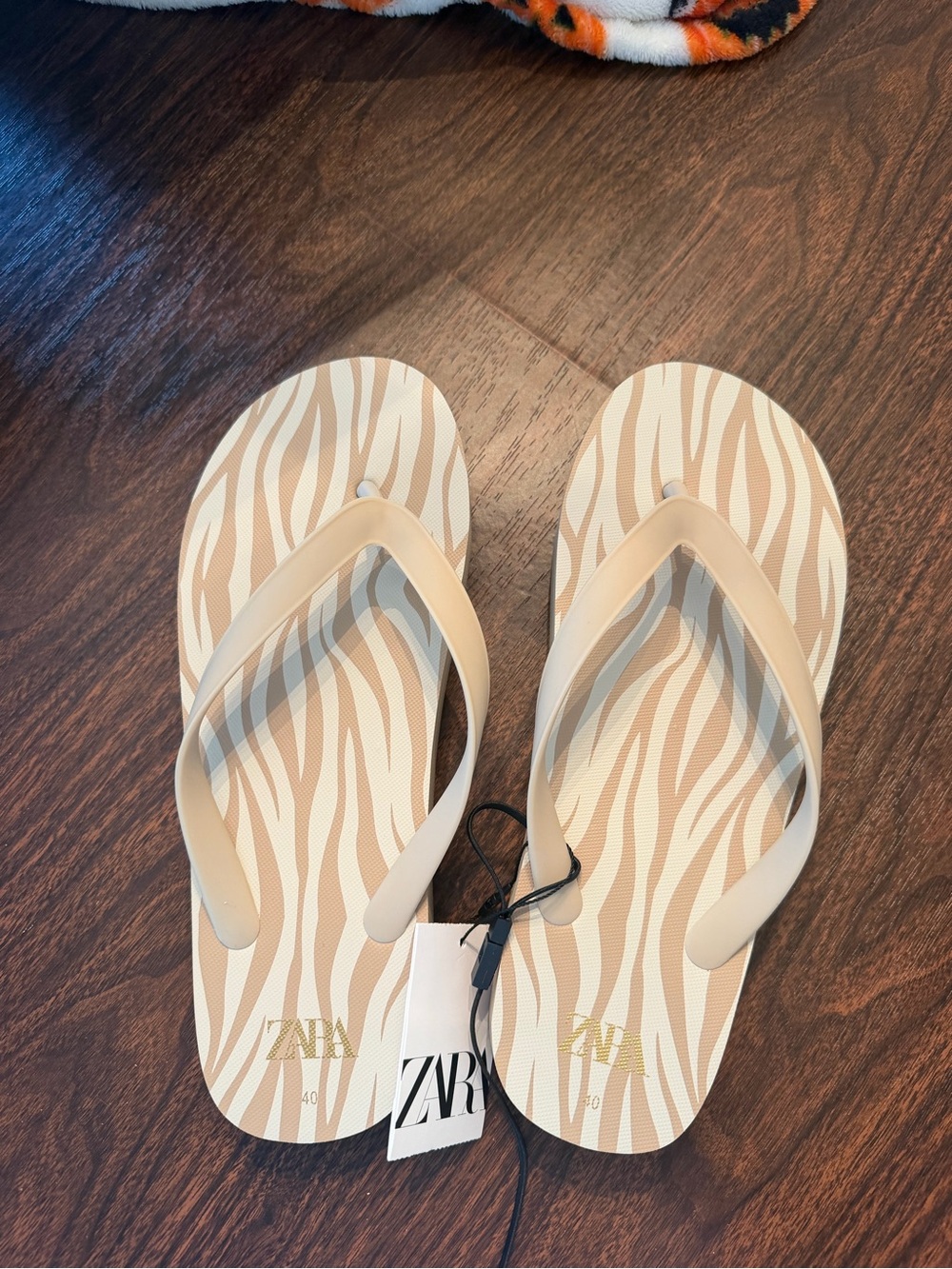 Zara Beige Zebra-Print Flip Flop Sandals